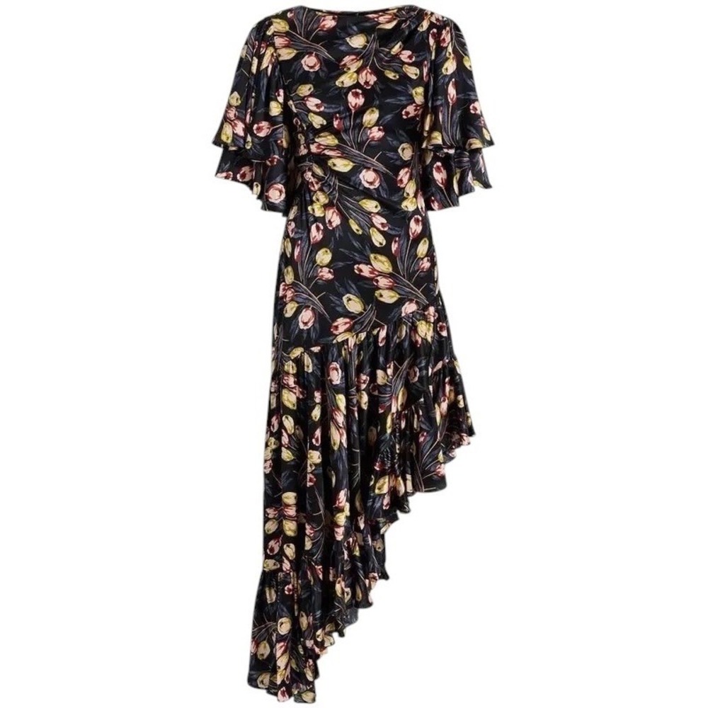 Cinq à Sept Asymmetrical Ruffle Floral Midi Kossa Silk Dress Black Pink Yellow 6